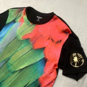 Y2K Juicy Couture Mens Small T-Shirt Parrot‎ All Over Print Colorful Paperthin